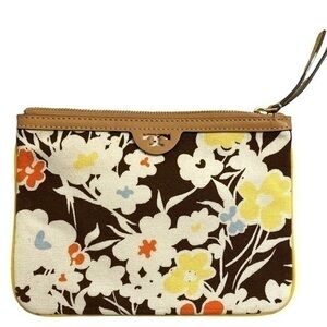 Tory Burch yellow brown floral zipper clutch bag pouch